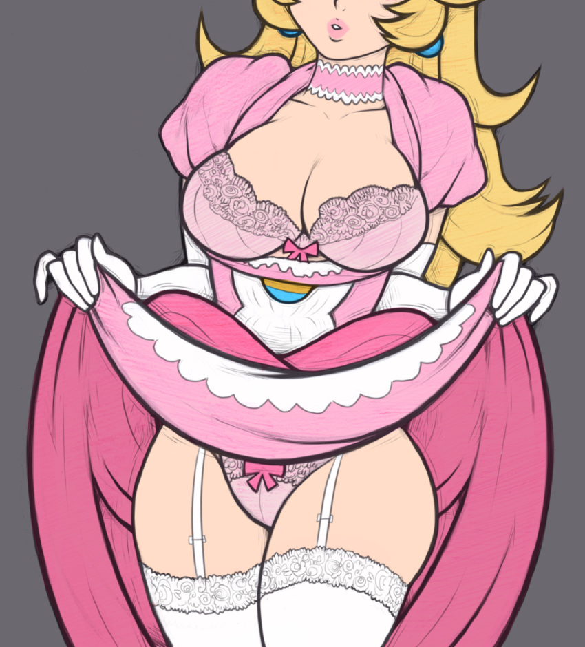 1girls antiheld blonde_hair bra breasts cleavage curvaceous curvy dress dress_lift elbow_gloves female female_only gloves grey_background lace lace-trimmed_bra lace_trim large_ass large_breasts lifted_by_self long_hair mario_(series) nintendo panties presenting princess princess_peach royalty simple_background solo standing tabletorgy thick thick_thighs white_gloves wide_hips