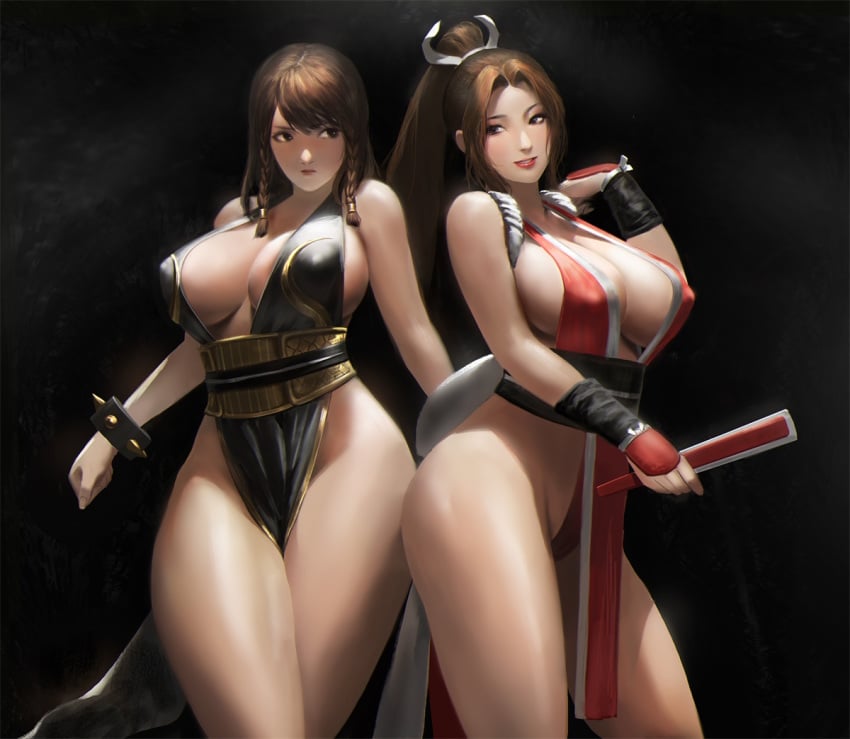 2girls alternate_costume alternate_hairstyle arm_guards bare_thighs big_breasts black_dress black_hair braid braided_hair breasts brown_hair busty capcom chun-li chun-li_(battle_ouffit_sfv) cleavage crossover curvaceous curvy death_battle dress erect_nipples erect_nipples_under_clothes fan fatal_fury female female_focus female_only gzy holding_fan human king_of_fighters large_breasts lipstick long_hair mai_shiranui nipple_bulge nipples pinup ponytail red_dress red_lips red_lipstick sash smile smiling snk spiked_bracelet street_fighter thick_thighs thighs voluptuous