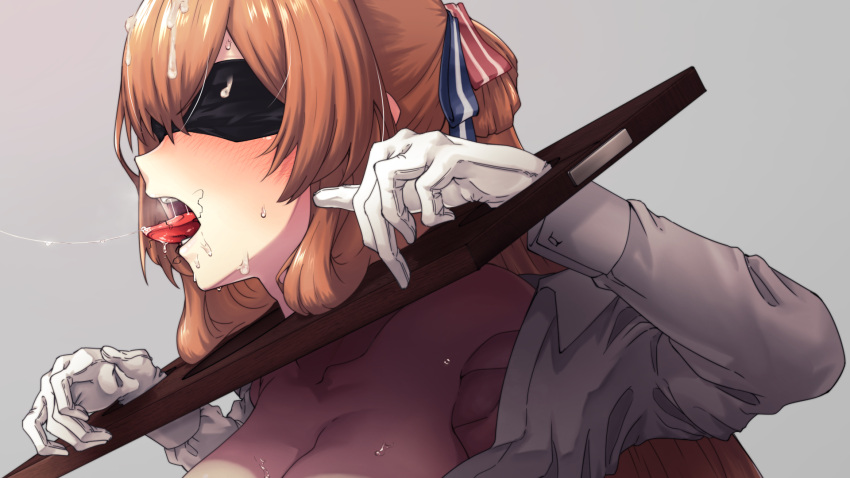 black_blindfold blindfold bound bound_wrists breasts breasts_out brown_hair collarbone collared_shirt covered_eyes cum cum_on_hair facial female girls'_frontline hair_rings highres large_breasts long_hair long_sleeves nakiusagi off_shoulder open_clothes open_mouth open_shirt out-of-frame_censoring pillory ponytail shirt sidelocks solo springfield_(girls'_frontline) tongue tongue_out upper_body white_shirt