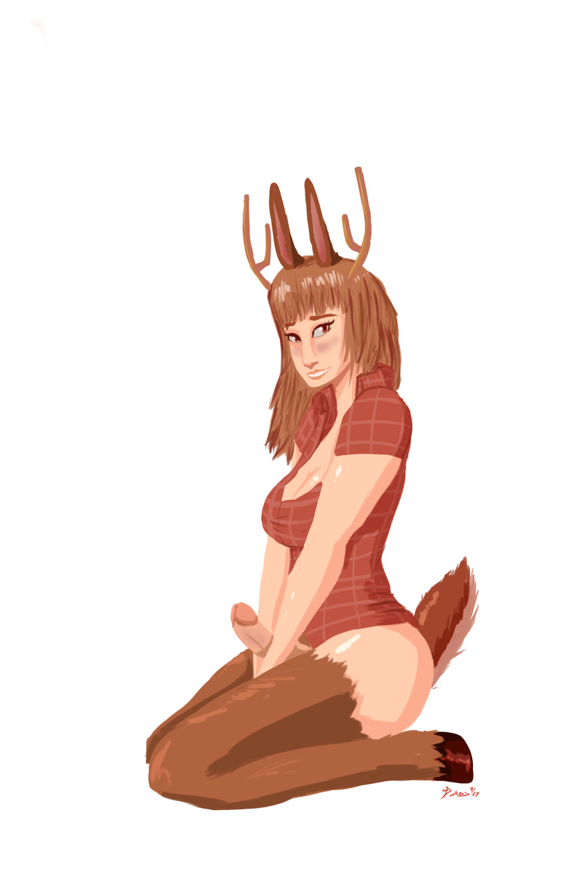 1futa antlers brown_eyes brown_hair darkeus deer deer_tail dickgirl erection full-package_futanari fur futa_only futanari hooves intersex lea_heatherholm plaid_shirt solo solo_futa tail