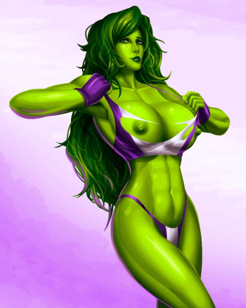 1girls abs areolae avengers big_breasts breasts cowboy_shot curvaceous curvy erect_nipples exposed_nipples eye_contact female female_only fingerless_gloves fit fit_female giant_breasts gloves green_areola green_eyes green_hair green_nipples green_skin huge_breasts hulk_(series) looking_at_viewer looking_down looking_down_at_viewer lost_clothes marvel marvel_comics muscular muscular_female nipples panties pinup purple_gloves ripping_clothes ripping_clothing she-hulk simple_background solo standing superheroine svoidist tearing_clothes tearing_off_own_clothes tearing_open_top thighs thong torn_clothes torn_clothing uncensored