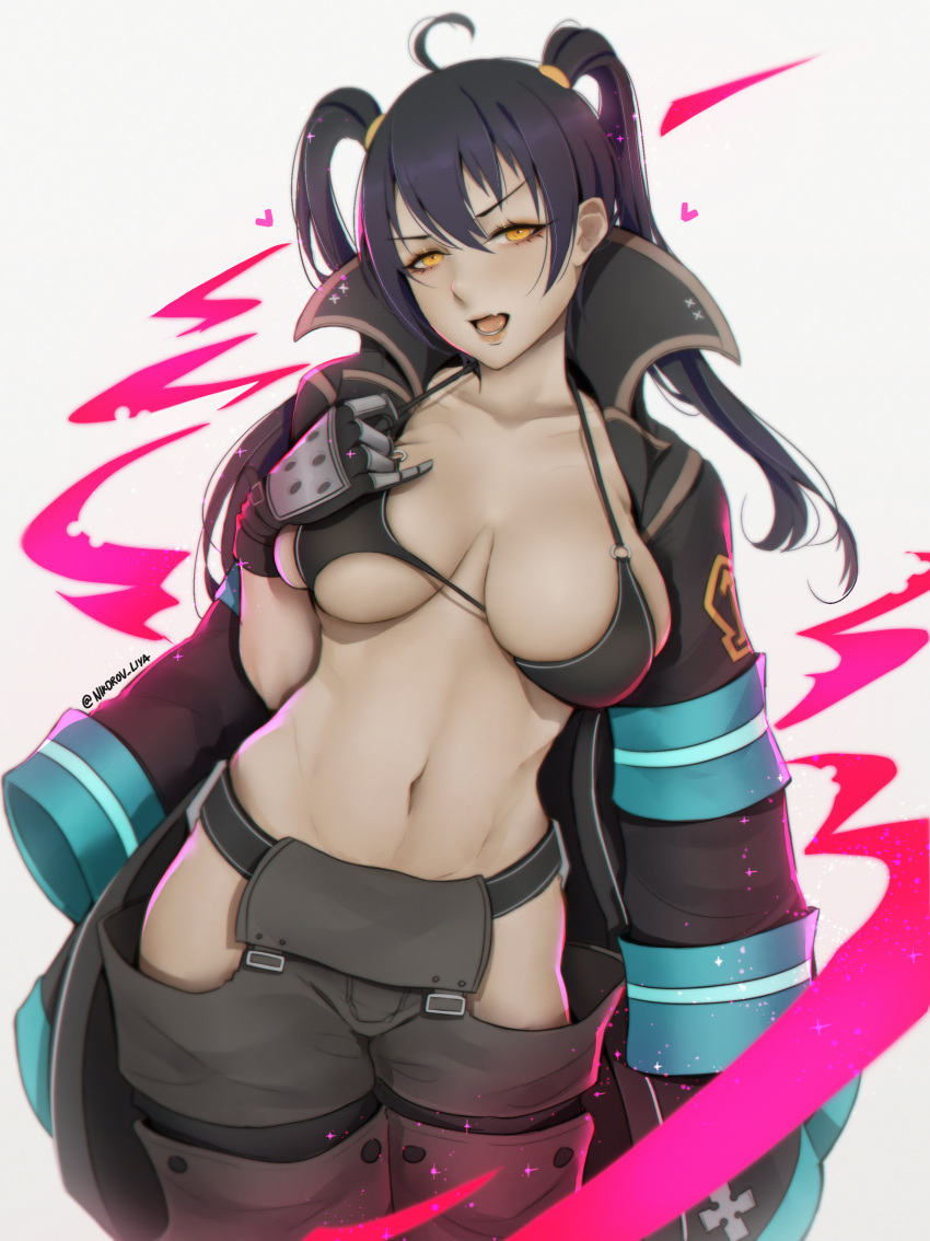 1girls ahoge big_breasts bikini black_bikini_top black_coat black_gloves black_hair breasts clavicle coat enen_no_shouboutai eyebrows_visible_through_hair eyelashes female female_only fire_force gloves hair_between_eyes hair_intakes half-dressed hand_up head_tilt heart high_resolution hip_vent kotatsu_tamaki large_breasts large_filesize leaning_to_the_side legs_together lifted_by_self liya_nikorov long_hair looking_at_viewer navel neon_trim o-ring o-ring_bikini o-ring_top oerba_yun_fang open_clothes open_coat open_mouth round_teeth sidelocks simple_background skin_fang skindentation solo sparkle standing strap_gap strap_lift swimsuit teeth tied_hair toned tongue twintails twitter_username underboob very_high_resolution white_background yellow_eyes