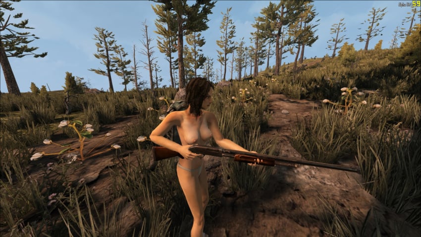 7_days_to_die brown_hair flat_belly forest long_hair looking_away medium_breasts panties shotgun