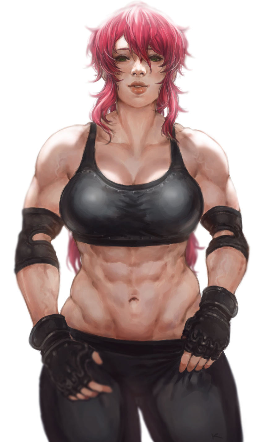 1girls abs big_breasts breasts cleavage female female_only fingerless_gloves green_eyes highres large_breasts long_hair looking_at_viewer mma mma_gloves muscles muscular muscular_female prinzkuon pyrrha_nikos red_hair rwby short_hair solo sports_bra white_background white_skin workout_clothes yoga_pants