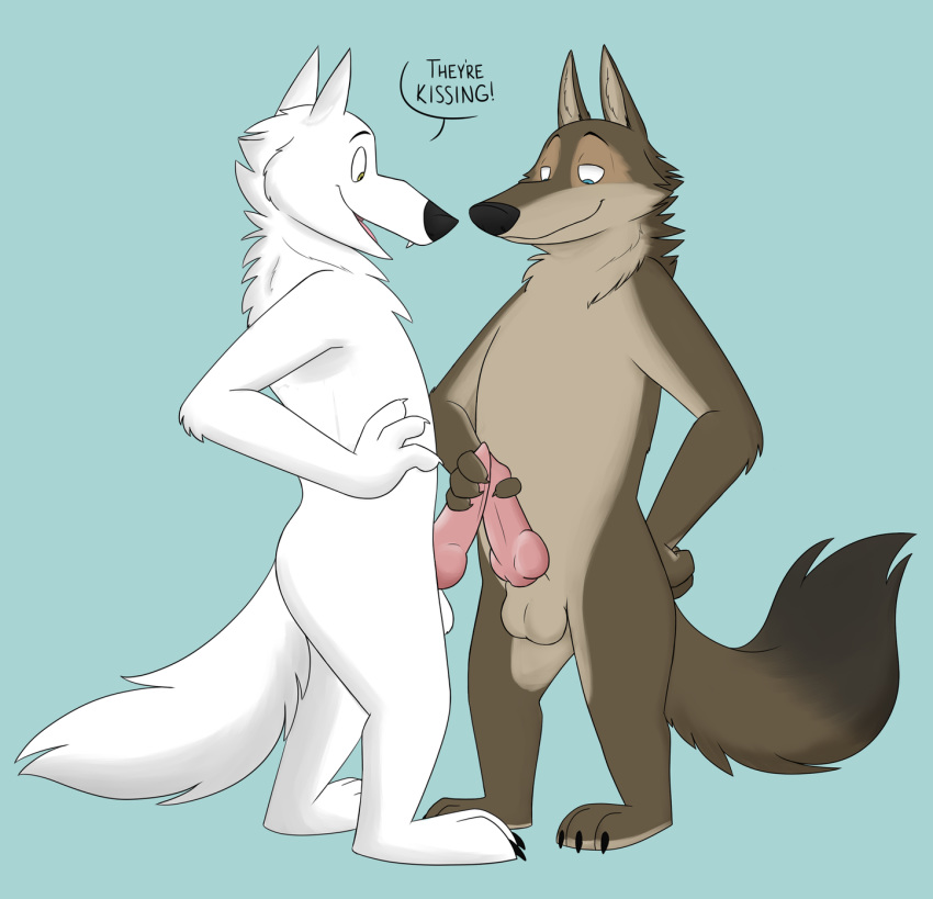 2boys anthro balls brown_fur canid canine canis dialogue disney duo english_text fangs frottage fur gary_(zootopia) gay hi_res holding_penis knot larry_(zootopia) looking_down male male/male male_only mammal open_mouth penis penis_grab sex silly simple_background skunkbutt_(artist) smile standing text tongue white_fur wolf yaoi zootopia