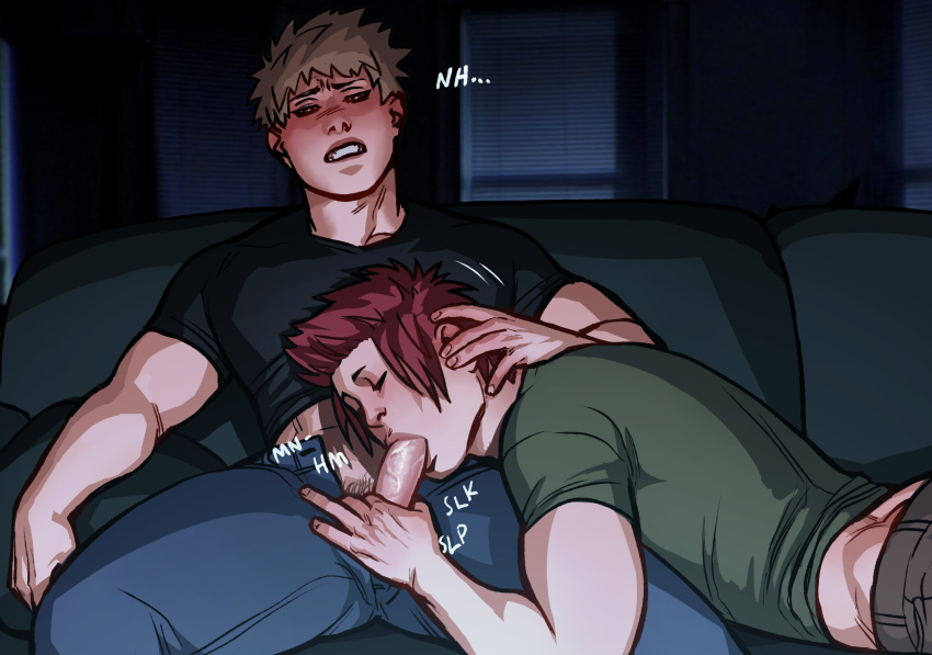 2boys auburn_hair black_shirt black_t-shirt clothed_sex cock_gobble cock_hungry couch cum_hungry digital_media_(artwork) dirty_blonde_hair eijirou_kirishima erection eyes_closed fanon_couple fellatio gay giving_head going_down_on green_t-shirt half-closed_eyes hand_on_head holding_penis jeans katsuki_bakugou legs_held_open male male_only mouth_open mouthful muscular my_hero_academia myxomatonen oral_sex pants_open penis_grab penis_in_mouth penis_out pubic_hair shirt shirt_up sitting spiky_hair spread_legs sucking_off t-shirt unzipped veiny_penis yaoi