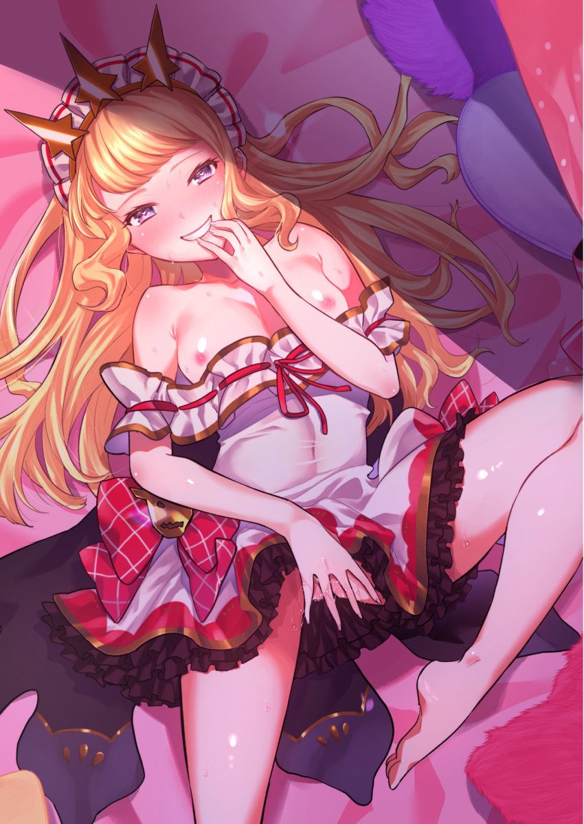 breasts cagliostro_(granblue_fantasy) chimple_hotter dress granblue_fantasy masturbation nipples no_bra nopan open_shirt pussy_juice skirt_lift