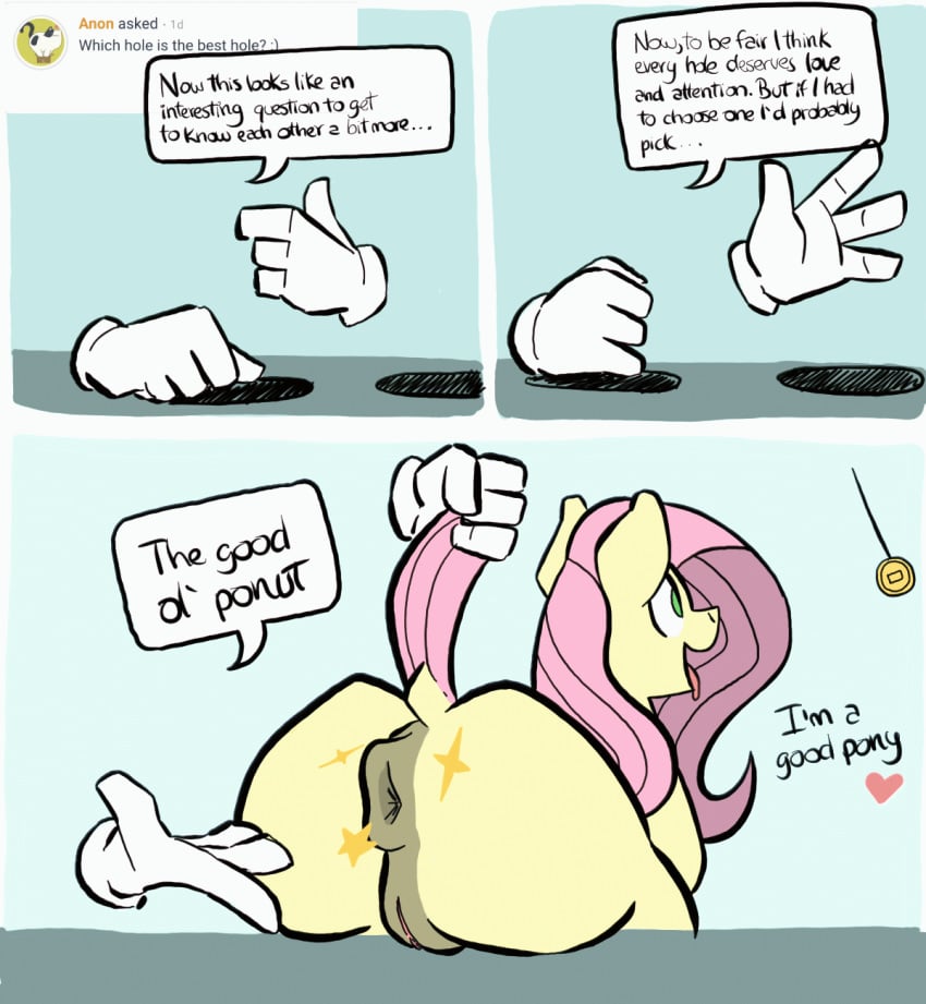 1girls animated anus comic dialogue disembodied_hand english_text equid equine female feral fluttershy_(mlp) friendship_is_magic furry heart hi_res hypnosis lifting_tail mammal mind_control my_little_pony ponut puffy_anus slimewiz sparkle text