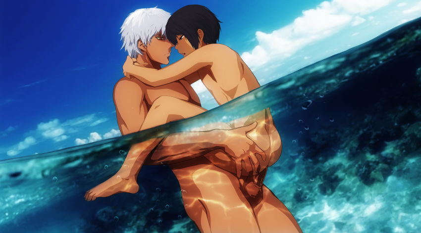 2boys age_difference anal ass barefoot blush c3_piyo captain_(hellsing) dark_skin erection feet full_body hellsing lifting male male_focus male_only multiple_boys nude outdoors penis sex size_difference sky tanlines tanned walter water wet yaoi