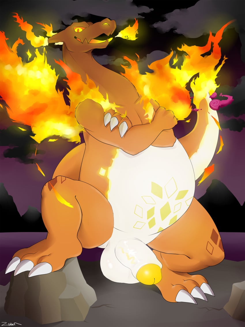 1boy 2019 3:4 3_fingers 3_toes absurd_res big_belly bioluminescence breath_powers charizard chubby claws cloud countershade_torso countershading crossed_arms detailed_background digital_media_(artwork) eye_contact feral fingers fire fire_breathing flaming_tail flaming_wings foreskin gigantamax_charizard gigantamax_pokémon glowing glowing_eyes half-erect hi_res horn humanoid_penis long_tail looking_at_viewer male male_only mountain multicolored_body multicolored_scales nintendo nude orange_body orange_scales outside overweight overweight_male pecs penis pokémon_(species) pokemon pokemon_(species) pokemon_rgby pokemon_ss presenting presenting_penis red_sclera rock scales scalie sharp_claws smile solo spread_legs spreading standing tail testicles text thick_thighs toe_claws toes tongue veins veiny_penis video_games watermark white_body white_claws white_scales wide_hips wings yellow_body yellow_eyes yellow_penis yellow_scales yellow_tongue zi_ran