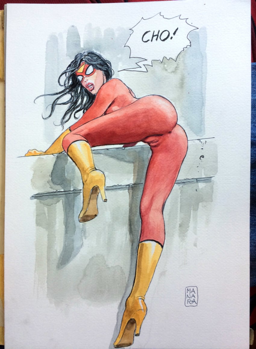 1girls anus ass black_hair bodysuit cameltoe dat_ass female female_only jessica_drew leg_up legs looking_at_viewer looking_back marvel marvel_comics milo_manara pussy solo spider-man_(series) spider-woman traditional_media_(artwork) uncensored watercolor_(artwork)