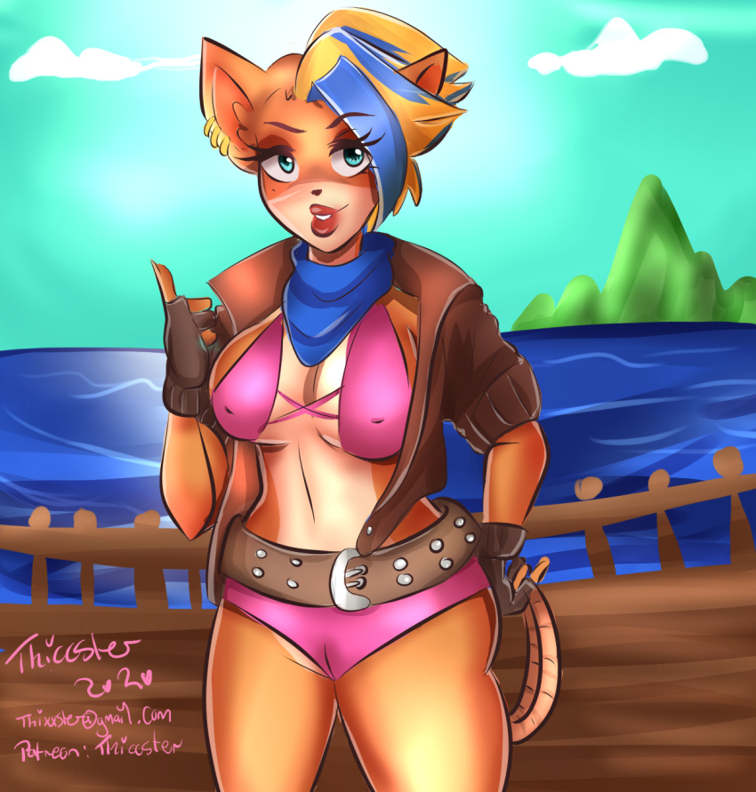 adventure belt big_ass big_breasts big_thighs bikini bikini_bottom bikini_top blonde_hair blue_eyes blue_hair blue_stripes crash_(series) crash_bandicoot_(series) crash_bandicoot_4:_it's_about_time detailed_background furry jacket large_breasts mohawk piercings pirate pirate_tawna plump plump_lips rope shaved_head shaved_side short_hair smile tawna_bandicoot tawna_bandicoot_(crash_4) thiccster thick_thighs thumbs_up