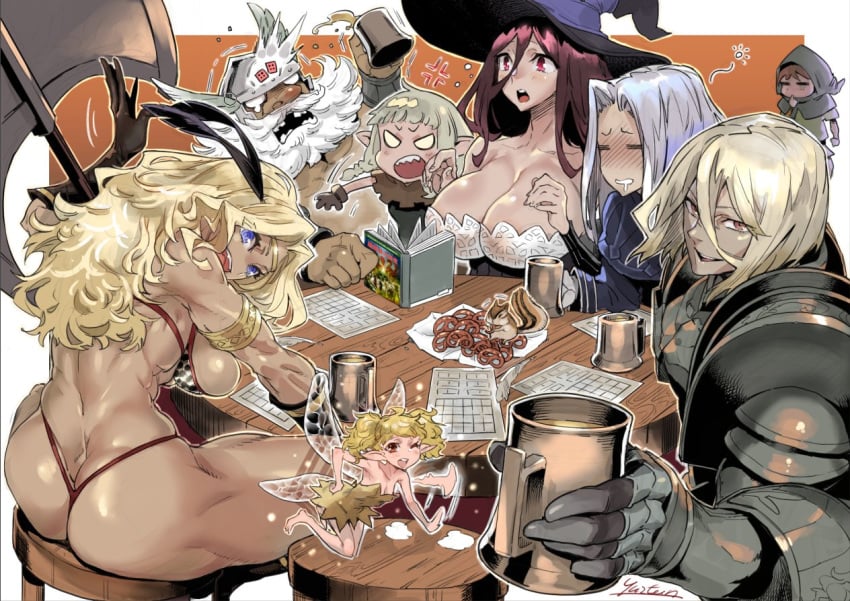 amazon_(dragon's_crown) ass beer cleavage dragon's_crown dwarf_(dragon's_crown) elf_(dragon's_crown) female fighter_(dragon's_crown) group huge_ass huge_breasts indoor muscular_female sorceress_(dragon's_crown) tavern thong tiki_(dragon's_crown) underwear wizard_(dragon's_crown) zunta