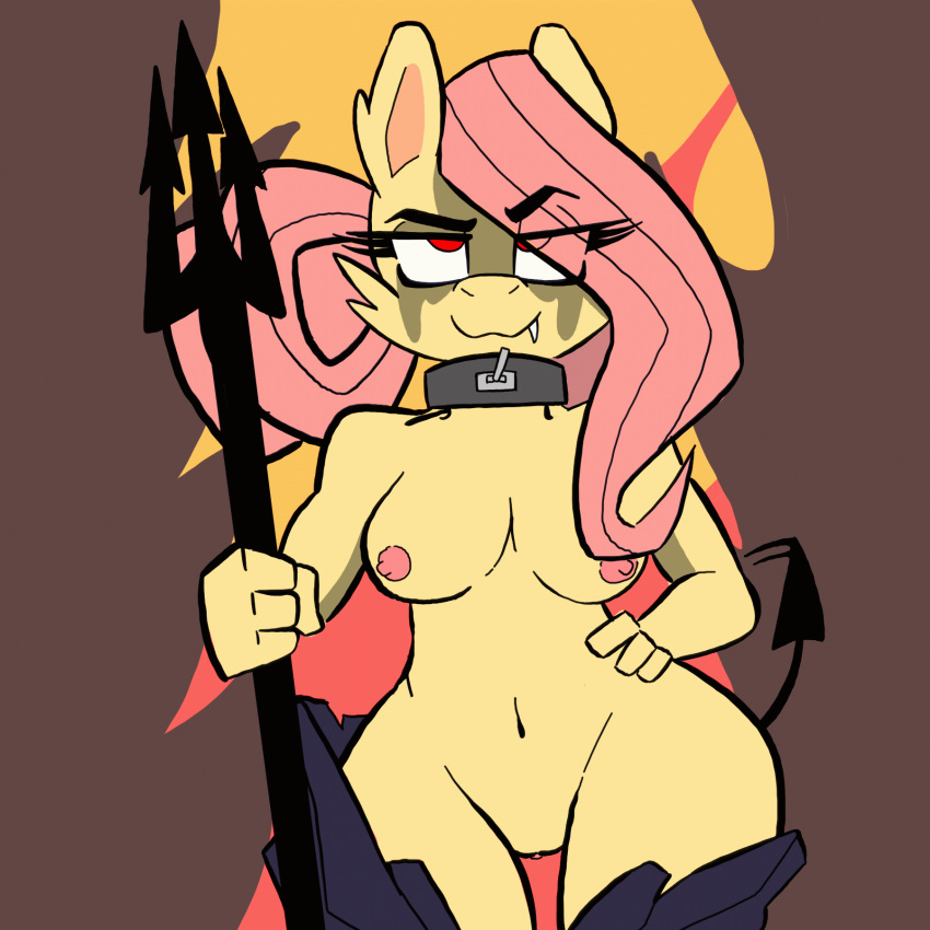 1:1 animated anthro big_breasts breasts collar female fluttershy_(mlp) friendship_is_magic furry hair_on_head hi_res melee_weapon mostly_nude my_little_pony polearm slimewiz trident weapon