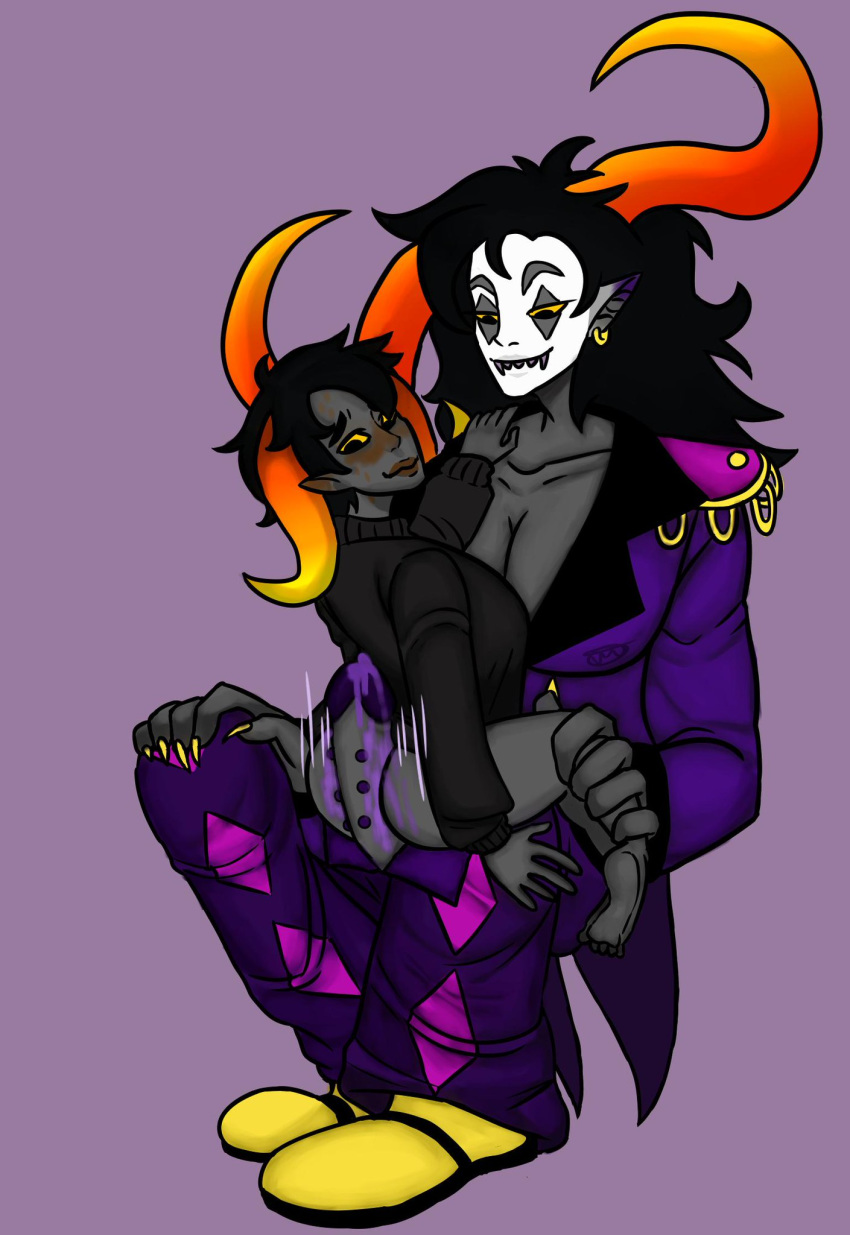 1boy 1girls ass black_hair blush brown_lips buttjob chixie_roixmr choccocatmya clothing earrings facepaint female grey_skin hiveswap horns long_hair marvus_xoloto ms_paint_adventures penis penis_piercing pointy_ears precum purple_background size_difference straddling straight troll yellow_eyes yellow_nails