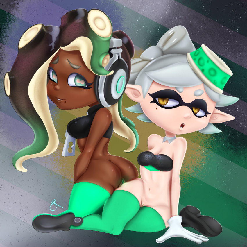 2girls bottomless inkling inkling_girl marie_(splatoon) marina_(splatoon) multiple_girls octoling octoling_girl pussy rasenxoru splatoon splatoon_2