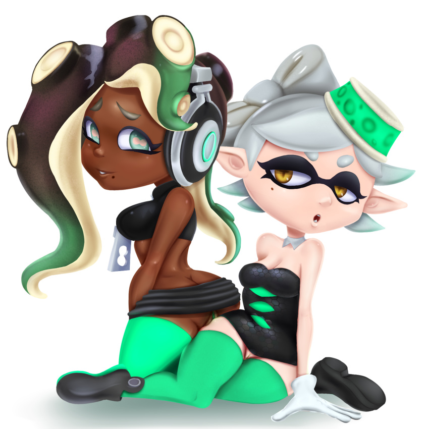 2girls inkling inkling_girl marie_(splatoon) marina_(splatoon) multiple_girls octoling octoling_girl pussy rasenxoru splatoon splatoon_2 upskirt