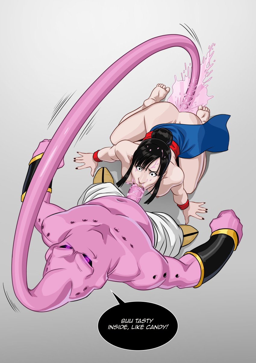 1boy 1girls ass black_hair blowjob breasts chichi cum cum_in_mouth cum_in_nose cum_in_pussy cum_inside cum_out_nose deepthroat dragon_ball dragon_ball_z feet fellatio female majin_buu nail_polish nipples oral partially_clothed penis robilua saliva sex super_buu tagme vaginal