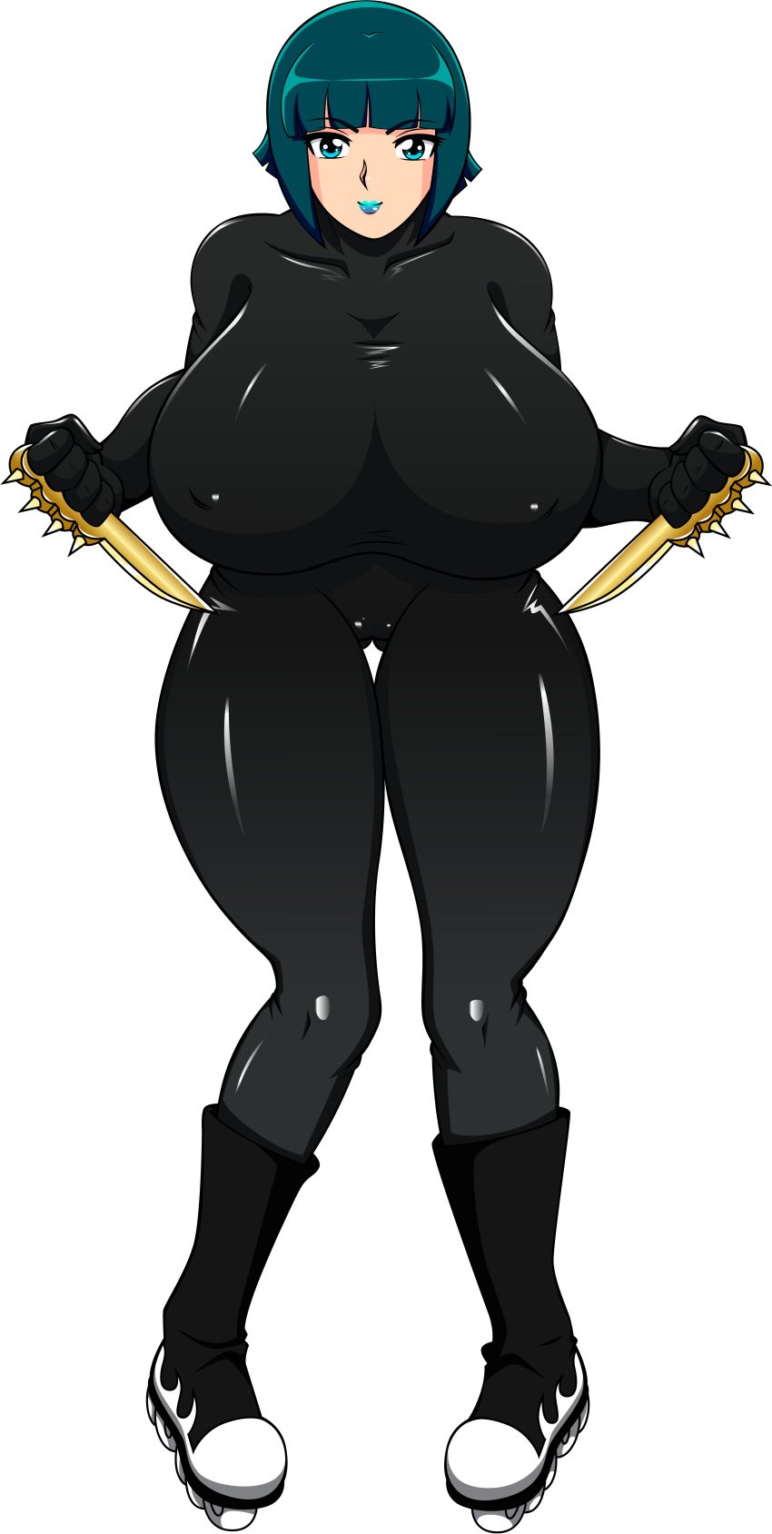 absurd_res ale-mangekyo alpha_channel beige_skin big_breasts blue_eyes blue_hair blue_lipstick bodysuit brass_knuckles breasts commission female jet_set_radio mew_(jsr) png roller_skates solo transparent_background weapon