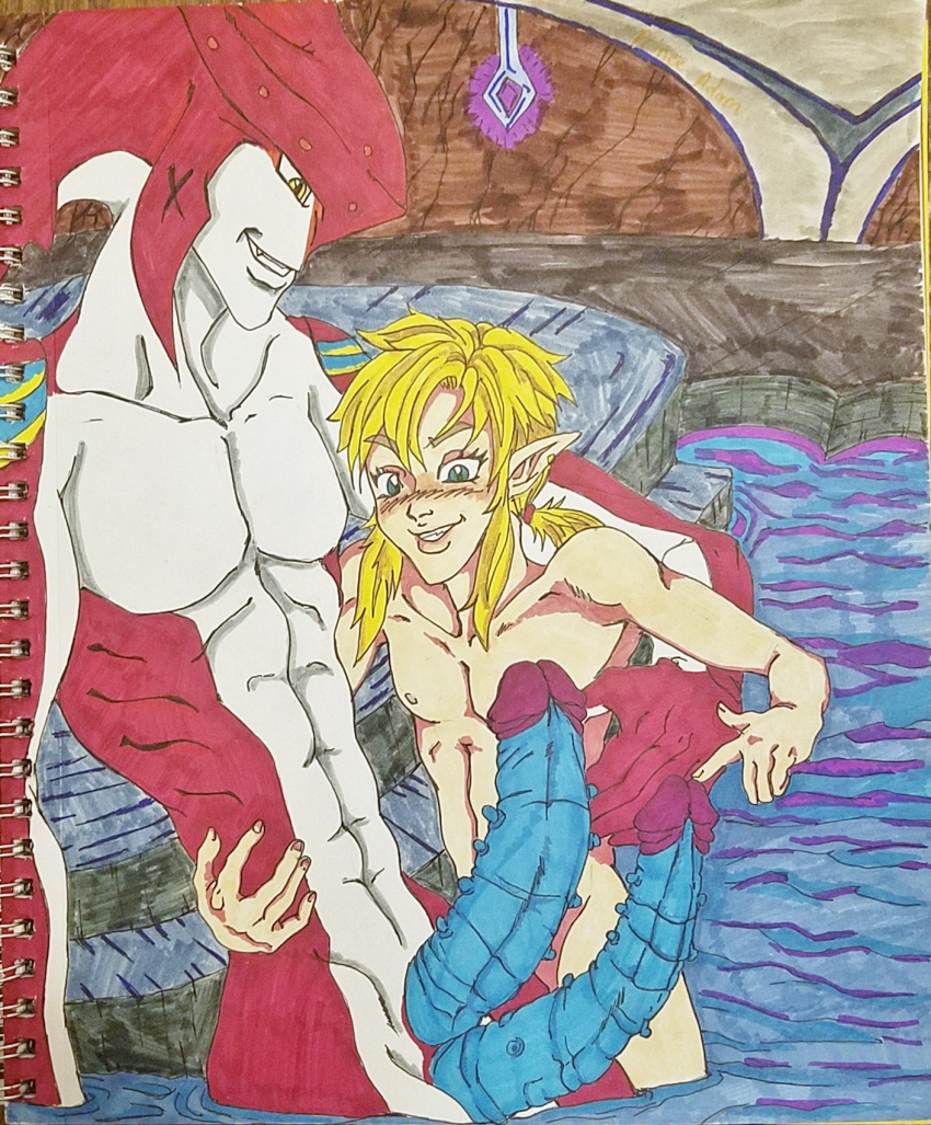 2boys big_penis breath_of_the_wild diphallia diphallism holding link link_(breath_of_the_wild) male male_only multi_penis naked penis princeadam sidon_(zelda) the_legend_of_zelda traditional_media_(artwork) yaoi zora zoras_domain