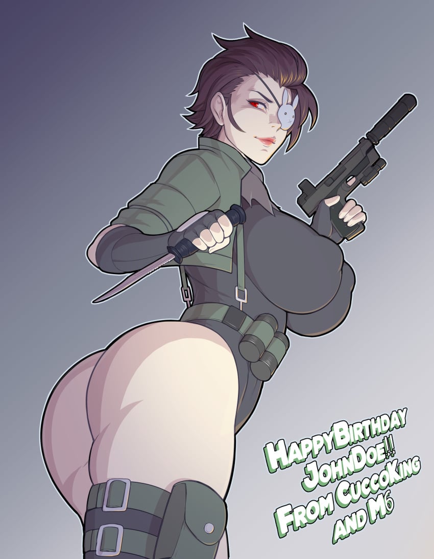 1girls ass belka_dog big_ass big_breasts breasts cleavage clothing cuccoking female female_only firearm gun handgun human jane_doe_(john_doe) knife large_breasts mali6 nipple_bulge pale_skin solo suppressor weapon