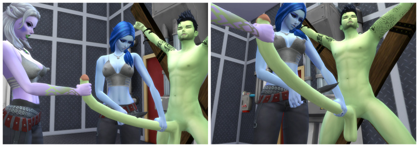 1boy 2019 2girls 3d alien alien_girl angry beard big_penis black_hair blue_hair blue_skin boots brown_hair castration clothed_female_nude_male cock_and_ball_torture control_panel curvy cutoffs devious_desires deviousdesires erect_nipples erection female femdom fight glande grabbing grabbing_penis gray_hair green_skin indoors knife long_hair long_penis male malesub map matrixsims penis_awe purple_skin straight tattoo testicles the_sims the_sims_4 tied tied_feet tied_hands top torture trio warrior