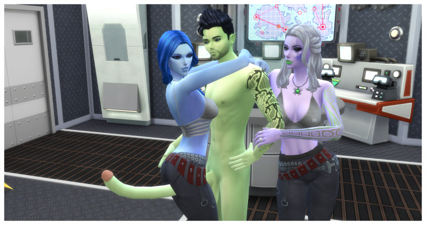 1boy 2019 2girls 3d alien alien_girl beard big_penis black_hair blue_hair blue_skin boots brown_hair clothed_female_nude_male cock_and_ball_torture control_panel curvy devious_desires deviousdesires erect_nipples erection female glande gray_hair green_skin indoors long_hair long_penis male map matrixsims posing purple_skin testicles the_sims the_sims_4 top trio warrior