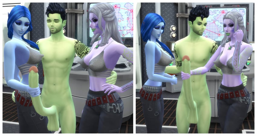 1boy 2019 2girls 3d alien alien_girl beard big_penis black_hair blue_hair blue_skin boots brown_hair clothed_female_nude_male cock_and_ball_torture control_panel curvy devious_desires deviousdesires erect_nipples erection excited female glande grabbing_penis gray_hair green_skin hand_on_penis handjob indoors long_hair long_penis male map matrixsims posing purple_skin smile testicles the_sims the_sims_4 top trio warrior