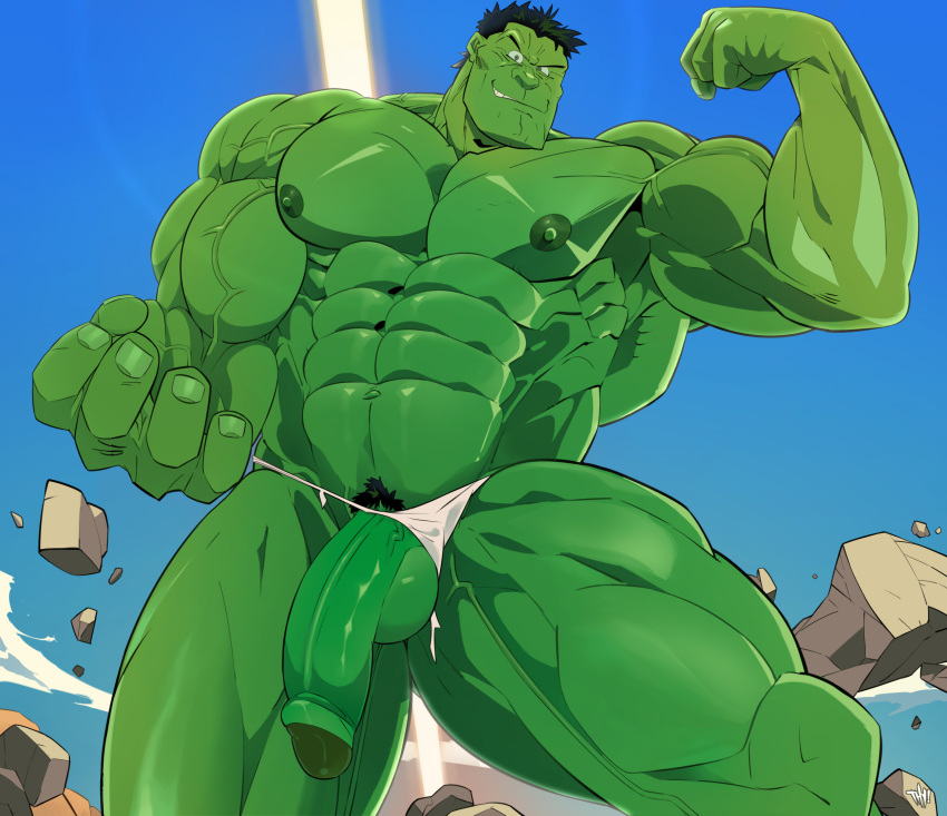 balls bara big_balls big_penis flexing gay green_skin hulk hulk_(series) male male_only marvel marvel_comics muscles muscular penis solo solo_male thy_carker thymilph underwear underwear_aside