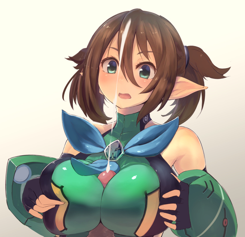 bare_shoulders breasts brown_hair cum ejaculation female fingerless_gloves gloves green_eyes hair_ornament hairclip highres large_breasts male paizuri patty_(pso2) penis phantasy_star phantasy_star_online_2 pointy_ears short_hair straight surprised tied_hair twintails zi-shot