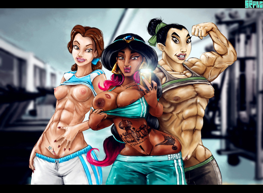 3girls abs aladdin androgynous areolae ass beauty_and_the_beast belle biceps big_breasts bimbo black_hair breasts brown_hair clitoris clitoris_piercing crop_top crossover dark-skinned_female dark_skin disney disney_princess duckface earrings extreme_muscles eyelashes eyeliner eyeshadow fa_mulan female female_only flat_chest flexing gym human labia large_breasts lipstick medium_breasts mulan multiple_girls muscular muscular_female nail_polish navel nipples pecs phone piercing pose posing princess_jasmine pubic_hair pussy selfie shaved_pussy shirt_pull sports_bra sportswear srpng tattoo vagina