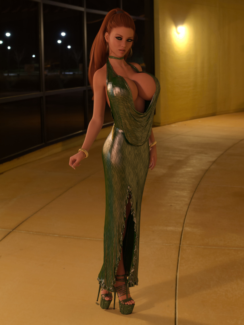 3d big_breasts bracelet bursting_breasts bustgoddess busty choker cleavage cleavage_cutout collarbone dress female female_only fully_clothed green_dress heels high_heels hoop_earrings hourglass_figure huge_breasts large_breasts long_hair looking_at_viewer night open_toe_shoes platform_heels red_hair seductive