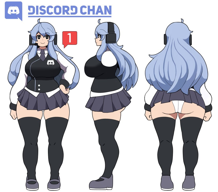 1girls ass back_view big_breasts black_eyes blazer blouse blue_hair blue_tie breasts character_sheet chubby concept_art discord discord-tan discord_(app) discord_logo eye_contact front_view gothic_taco headphones huge_ass huge_breasts large_breasts logo long_hair looking_at_viewer miniskirt model_sheet necktie panties pantyshot personification pose school_uniform shirt shoes short_skirt side_view site-tan skirt smile standing stockings straight_hair thick_thighs thigh_gap tie wide_hips