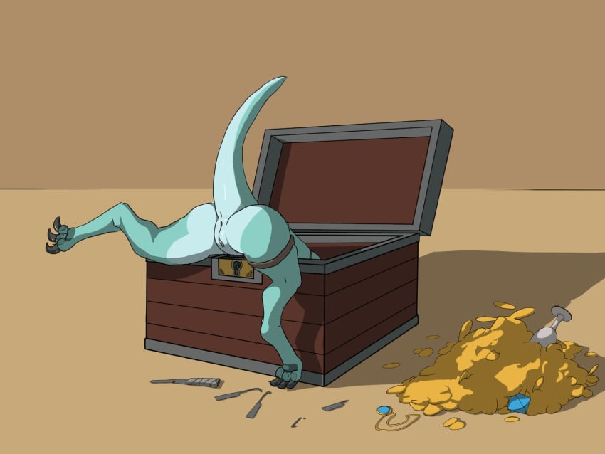 3_toes 4:3 animated anthro anus ass claws coin faceless_female female genitals gold_(metal) gold_coin hi_res kobold kreddits loop pussy raised_tail reptile scalie short_playtime solo spread_legs spreading tailwag thick_tail toe_claws toes treasure treasure_chest