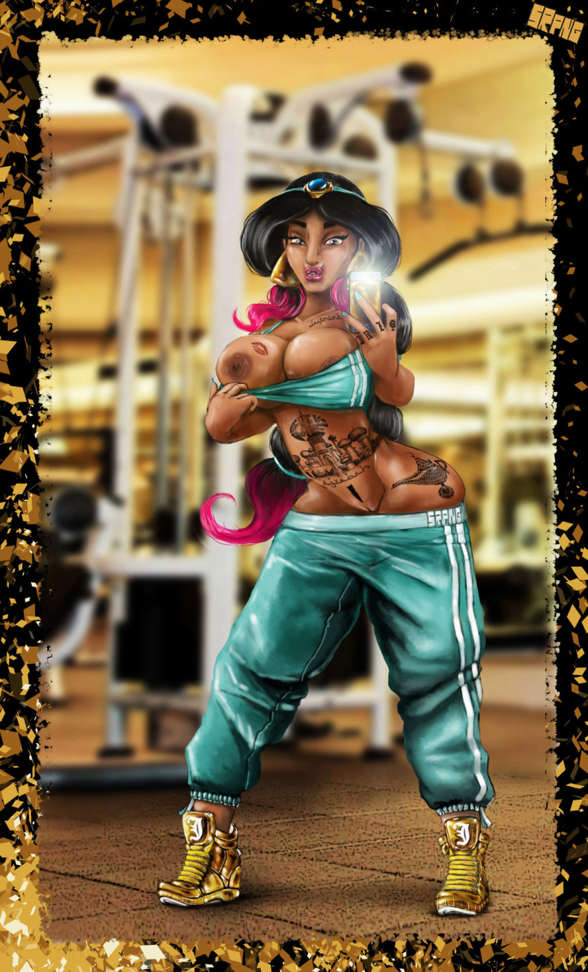 aladdin arabian arabian_clothes areolae ass big_breasts bimbo black_hair blurry_background breasts brown_hair busty crop_top dark-skinned_female dark_skin disney disney_princess duckface earrings eyelashes eyeliner eyeshadow female female_focus female_only gym hairless_pussy harem_outfit hentai_foundry jogging large_breasts lip_piercing lipstick navel nipples phone piercing pose posing princess_jasmine pubes pubic_hair selfie shirt_pull showing_breasts sneakers solo sport sports_bra sportswear srpng tattoo tattoo_on_belly tattoo_on_waist teen_girl teenage thick_lips thick_thighs wide_hips