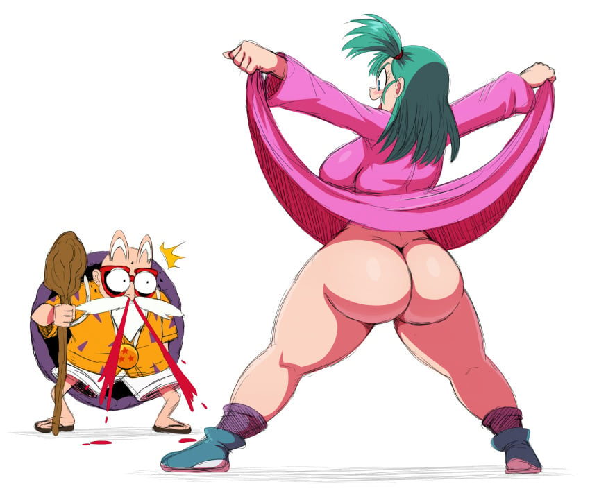 1boy 1girls arms_at_sides ass beard big_ass big_breasts big_butt blood_on_floor bottom_heavy bottomless bottomless_female breasts bubble_ass bubble_butt bulma's_panty_flash bulma_briefs butt canonical_scene dragon_ball dragon_ball_(classic) dress dress_lift exposing fat_ass female flashing hawaiian_shirt huge_ass huge_butt human human_only large_ass long_hair looking_at_pussy master_roshi monochrome_background moustache nightgown nightgown_lift nosebleed pink_nightgown sandals shoes shorts shounen_jump side_ponytail sideboob smiling socks sssonic2 staff sunglasses surprised tagme teenager thick_ass thick_thighs turquoise_hair turtle_shell white_background wide_hips