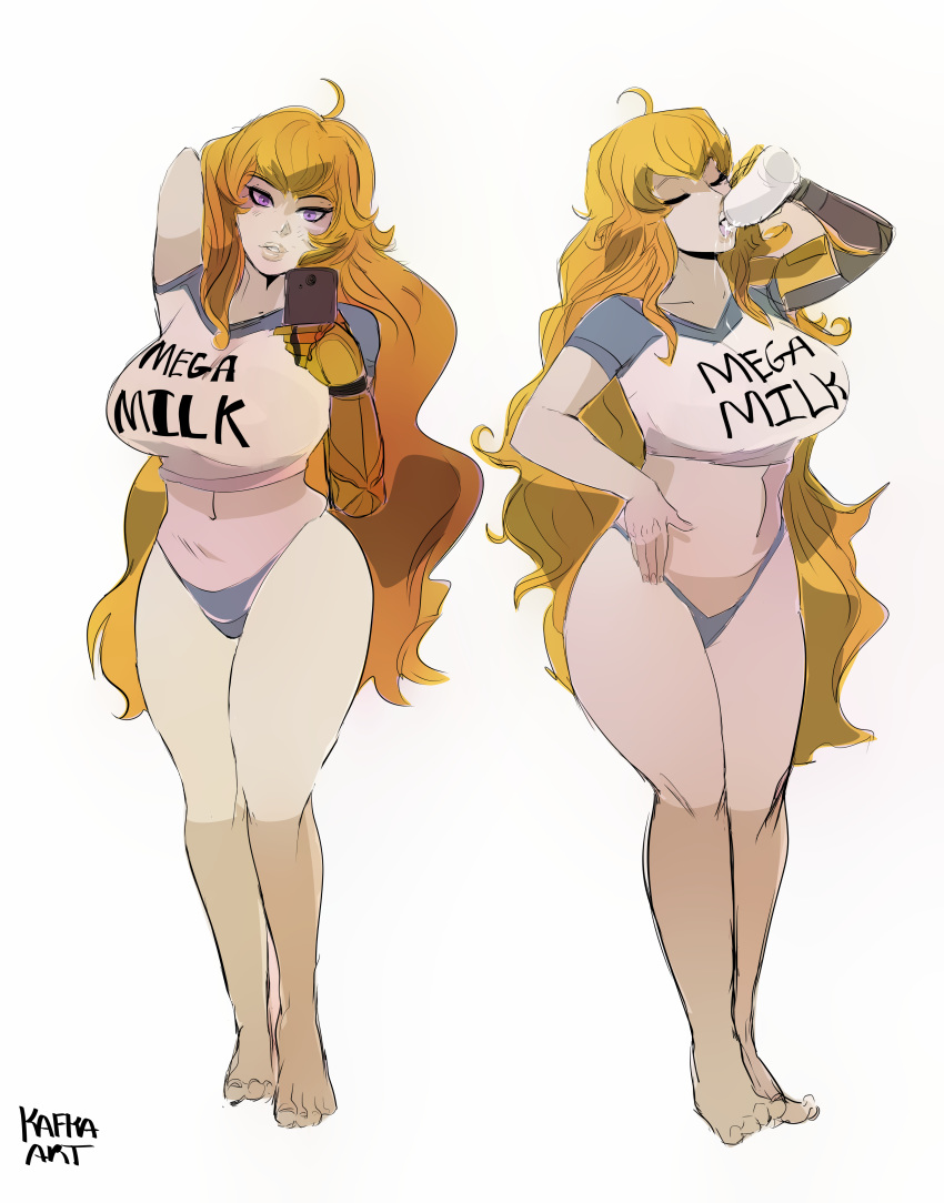 1girls alternate_breast_size ass barefoot big_breasts blonde_hair bottle breasts closed_eyes clothed drink eye_contact feet female half-closed_eyes holding huge_ass huge_breasts kafka_art large_ass long_hair looking_at_viewer mega_milk meme midriff milk panties phone pose prosthetic prosthetic_arm purple_eyes robotic_arm rwby selfie shirt sketch smile text thick_thighs underwear watermark white_background wide_hips yang_xiao_long