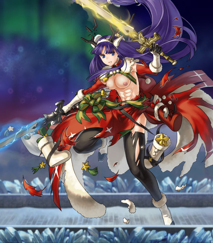 1girls abs alondite altina_(fire_emblem) altina_(winter)_(fire_emblem) bare_thighs big_breasts blue_eyes christmas dual_wielding edit exposed_breasts female female_only fire_emblem fire_emblem:_radiant_dawn fire_emblem_heroes guava128 long_hair nintendo nude_edit nude_filter purple_hair ragnell_(fire_emblem) solo solo_female sword thighhighs torn_clothes weapon