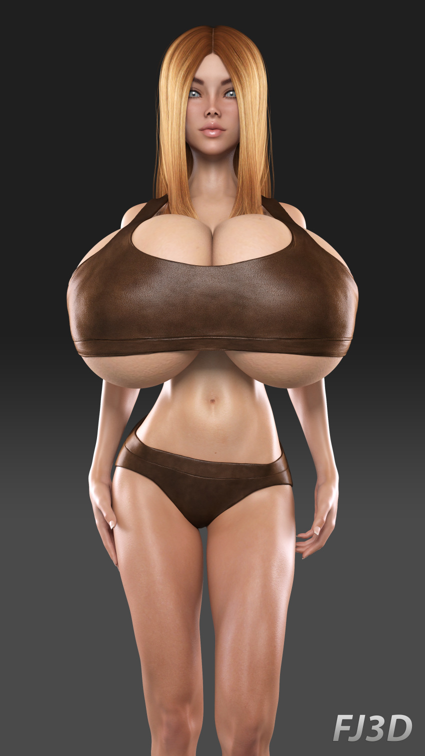 3d auburn_hair big_lips bimbo busty farmerjohn3d gigantic_breasts hourglass_figure huge_breasts jenny jenny_(farmerjohn3d) leather looking_at_viewer midriff overflowing_breasts pointy_nose small_waist underboob wide_hips