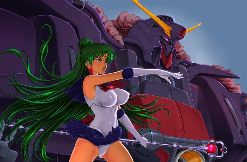 big_breasts bishoujo_senshi_sailor_moon breasts choker clothed clothing crossover earrings erect_nipples female gloves green_hair gundam hairbun jewelry large_breasts long_hair magical_girl_item medium_breasts pantyshot red_eyes sailor_pluto serafuku setsuna_meiou short_skirt side_view skirt sonota_taisei staff tiara upskirt very_long_hair wind