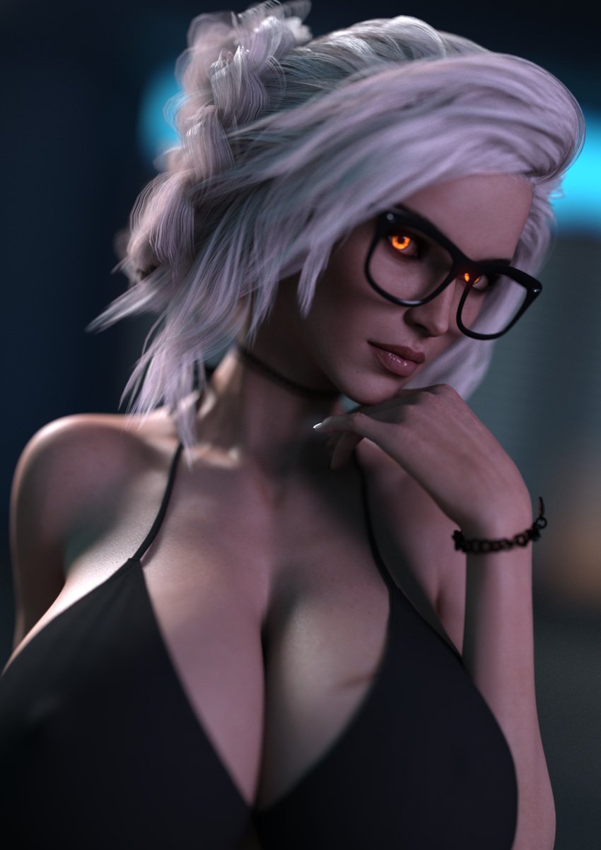 aero3dx big_breasts black_clothes bursting_breasts busty cleavage deep_cleavage female glasses glowing_eyes gwen huge_breasts large_breasts mirage3dx night portrait solo thick_lips white_hair