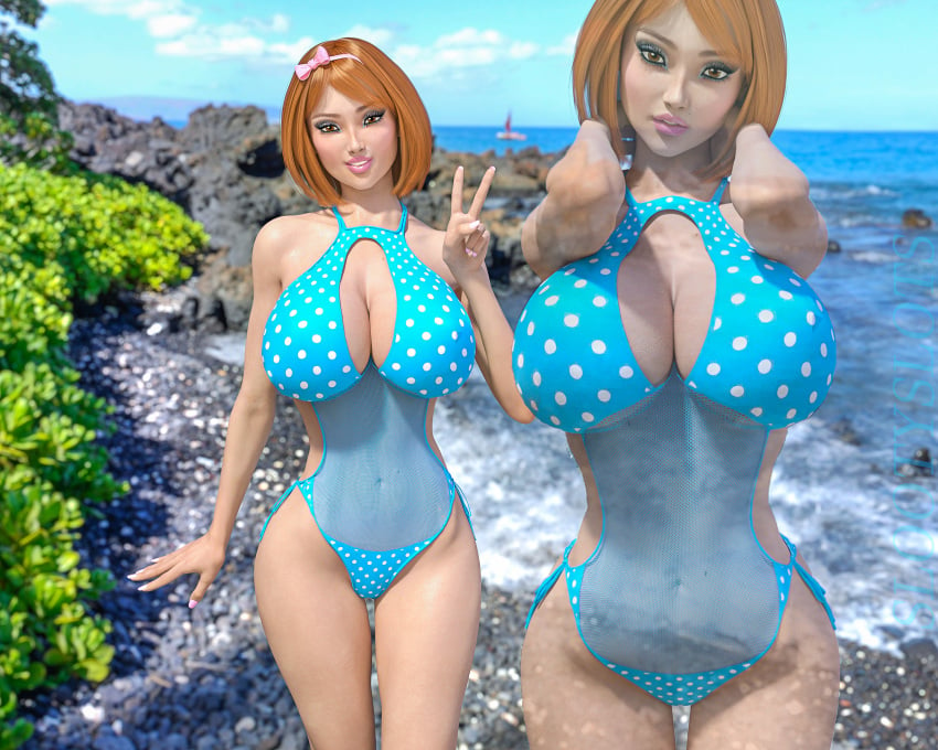 1girls 3d asian auburn_hair beach big_breasts bimbo blue_swimsuit bow brown_eyes busty cleavage cleavage_cutout eyeshadow hands_behind_head happy hourglass_figure huge_breasts large_breasts lipstick makeup ocean peace_sign pinup posing rocky seaside short_hair slender_waist slooty_slots smile v wide_hips