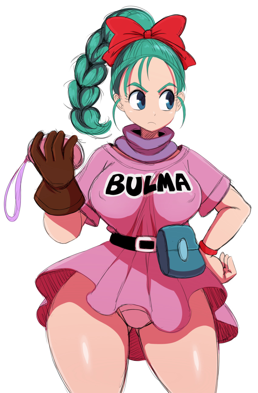 1girls ass_visible_through_thighs bag belt big_breasts blue_eyes braid braided_hair braided_ponytail breasts bulma_briefs dragon_ball dragon_ball_(classic) dragon_radar dress dress_up erect_nipples erect_nipples_under_clothes female female_focus female_only forehead gloves hand_on_hip holding_object huge_breasts human human_only looking_away monochrome_background neck_warmer nipple_bulge nipples_visible_through_clothing panties pantyshot pantyshot_(standing) ponytail red_ribbon ribbon short_dress simple_background solo sssonic2 teenage_bulma teenager thick_thighs turquoise_hair upskirt white_background wide_hips wristband