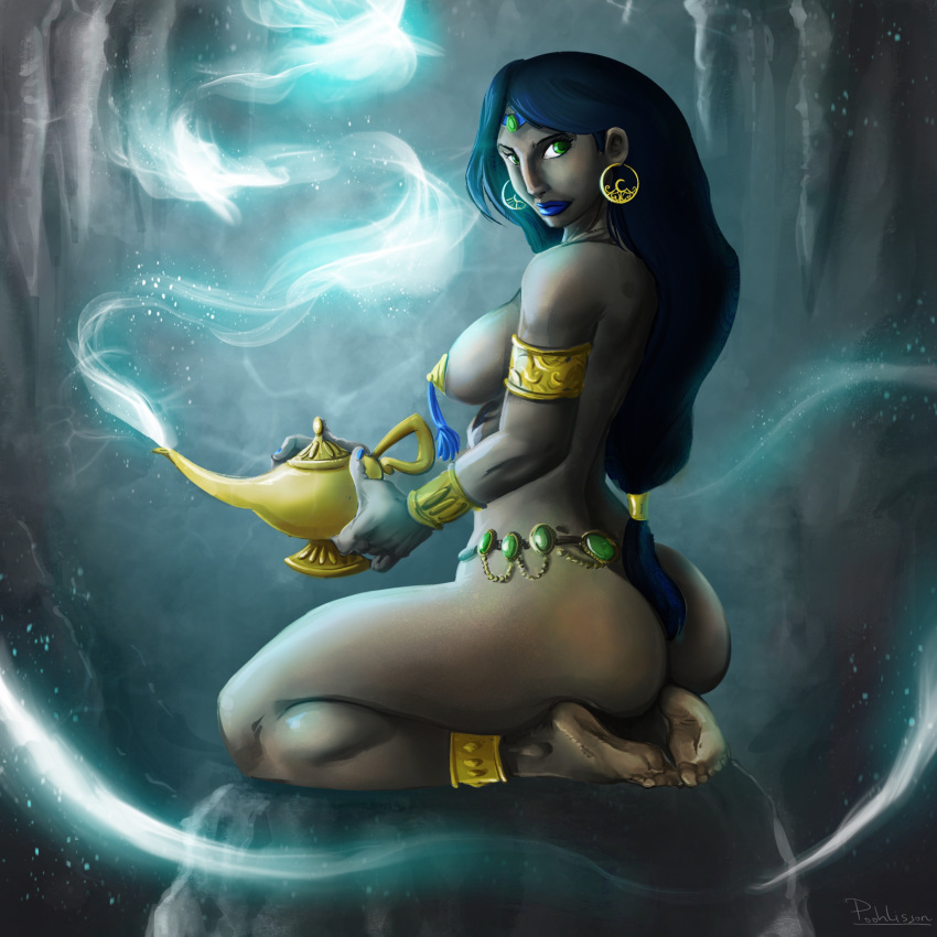 aladdin anklet arabian armlet ass bare_ass bare_legs bare_shoulders black_hair bracelet busty dark-skinned_female dark_skin derpooh disney disney_princess earrings fairy_tale female female_focus female_only green_eyes harem_outfit jewelry kneeling lipstick loincloth long_hair magic magic_lamp nail_polish on_knees pasties pinup ponytail posing princess_jasmine sideboob solo tied_hair