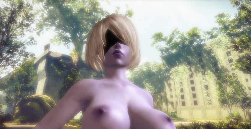 3d android areolae big_breasts black_blindfold blue_sky breasts bridge buildings bushes busty city city_background close-up clouds cybercole360 erect_nipples female female_only from_below headband headwear huge_breasts lips lipstick looking_ahead naked nier nier:_automata nipples nose_piercing nose_stud nude nude_female outdoors outside posing purple_lipstick purple_nipples purple_skin render roots ruins short_hair solo solo_female trees video_games white_hair xnalara xps yorha_2b