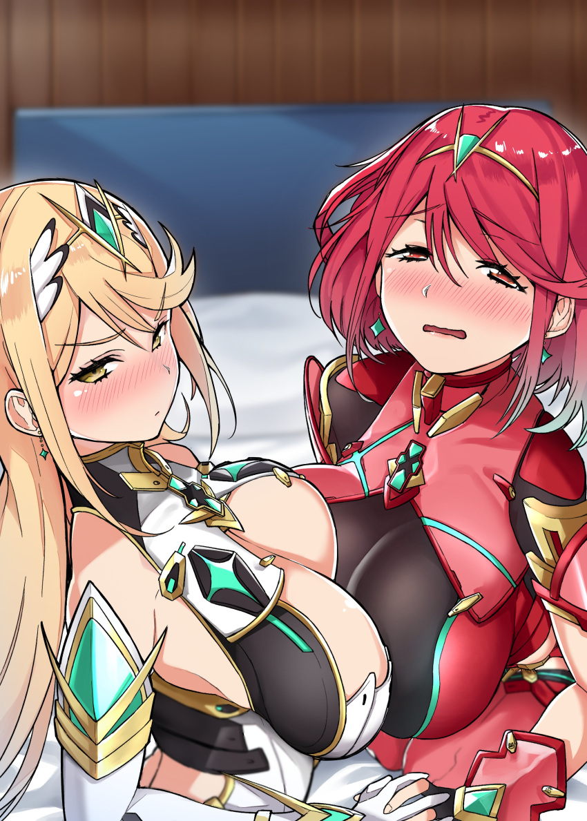 2girls absurdres armor bangs bare_shoulders bed blonde_hair blush breasts cleavage cleavage_cutout covered_navel earrings fingerless_gloves gem gloves headband headpiece highres indoors jewelry keoya_(keoya_01) large_breasts long_hair looking_at_viewer multiple_girls mythra nintendo pyra red_eyes red_hair red_shorts room short_hair shorts shoulder_armor simple_background swept_bangs symmetrical_docking thigh_strap tiara xenoblade_(series) xenoblade_chronicles_2 yellow_eyes