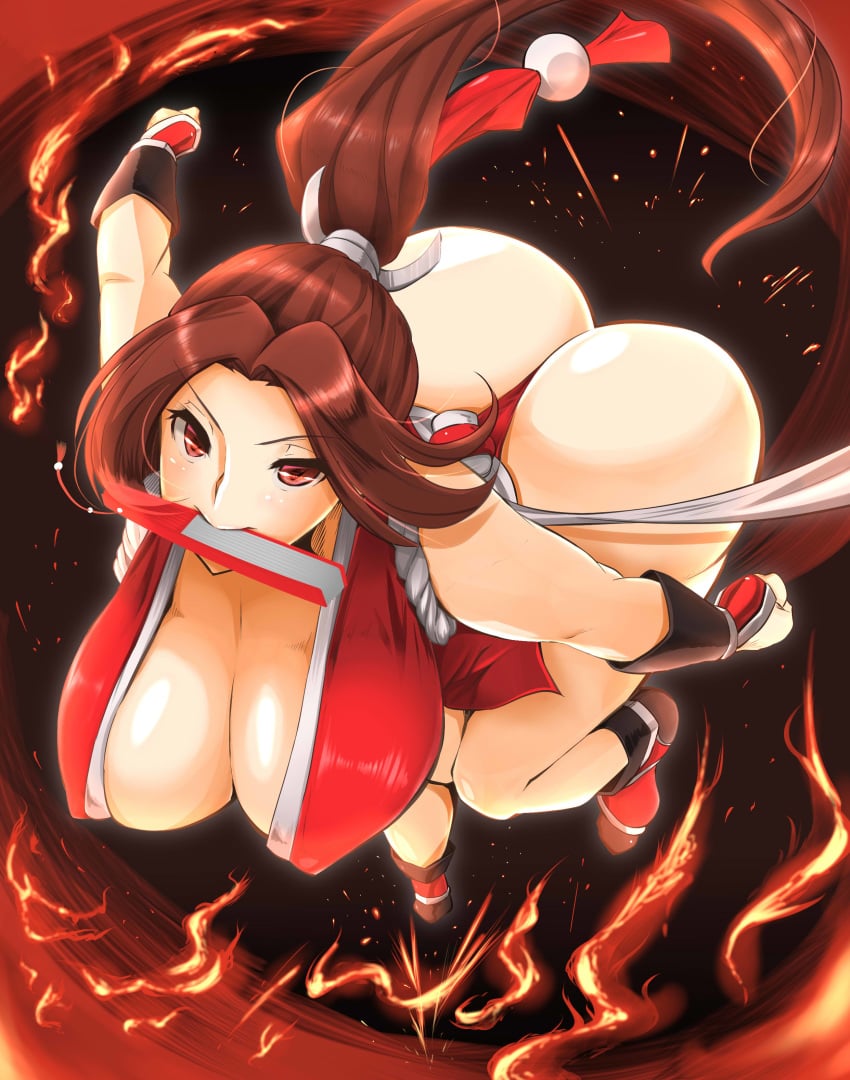 1girls 2d 2d_(artwork) above_view arms_behind artist_request ass ass_bigger_than_head ass_up bare_ass bare_legs bare_shoulders bare_thighs big_breasts black_background blush blushing blushing_female boots brown_hair cleavage clothed clothing color colored covered_nipples curvy curvy_female curvy_figure dark_hair erect_nipples fan female female_focus female_only fire fist foot_up from_above fully_clothed fully_clothed_female hands_behind hands_clenched holding_object hourglass_figure huge_ass huge_breasts human japanese_clothes king_of_fighters knee_bent knees_together_feet_apart kunoichi light-skinned_female light_skin long_hair looking_at_viewer looking_up mai_shiranui nipple_bulge nipples_visible_through_clothing no_visible_genitalia no_visible_nipples object_in_mouth ponytail red_clothing red_eyes slight_blush snk solo solo_female solo_focus sparks standing thong white_sclera