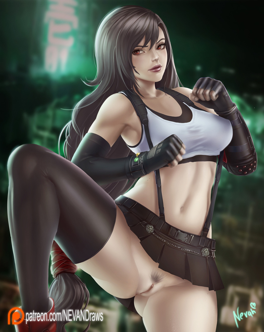 1girls beltskirt black_hair black_skirt bottomless clothing exposed_pussy female female_only final_fantasy final_fantasy_vii final_fantasy_vii_remake hair long_ears miniskirt nevandraws no_panties no_panties_under_skirt patreon pussy shirt sports_bra square_enix tifa_lockhart url video_games