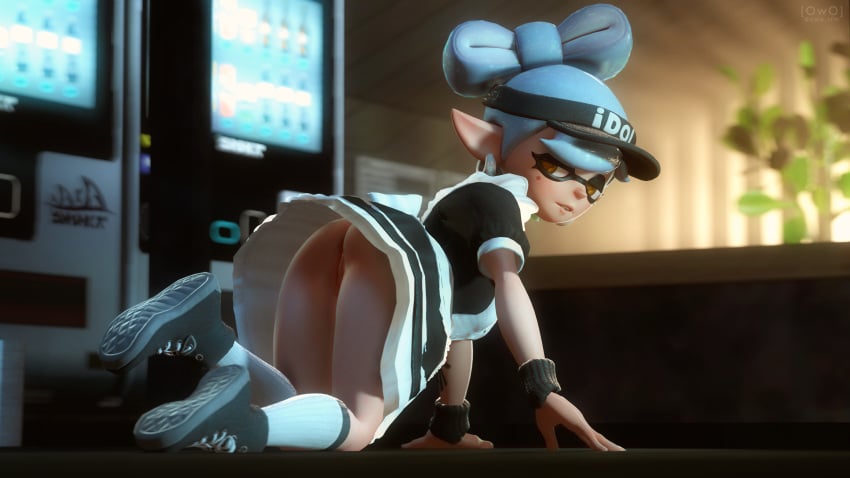 1girls 3d all_fours ass blue_hair cephalopod cephalopod_humanoid clothing earrings female female_only hat humanoid inkling looking_at_viewer looking_back marie_(splatoon) marie_(wo262) marine marine_humanoid nintendo no_panties owo_sfm pointy_ears pussy sfm skirt solo splatoon squid_sisters tentacle_hair thighs waitress yellow_eyes