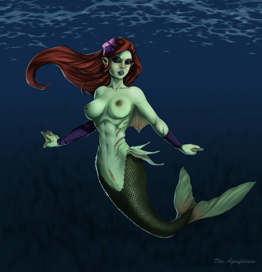 areolae ariel big_breasts black_eyes bracelet breasts busty deeaquifolium disney earrings female female_focus female_only fish_girl fish_tail green_skin green_tail hourglass_figure labia large_breasts long_hair mermaid mermaid_tail monster_girl nipples nude pussy red_hair scales sea solo tagme the_little_mermaid underwater vagina water wide_hips